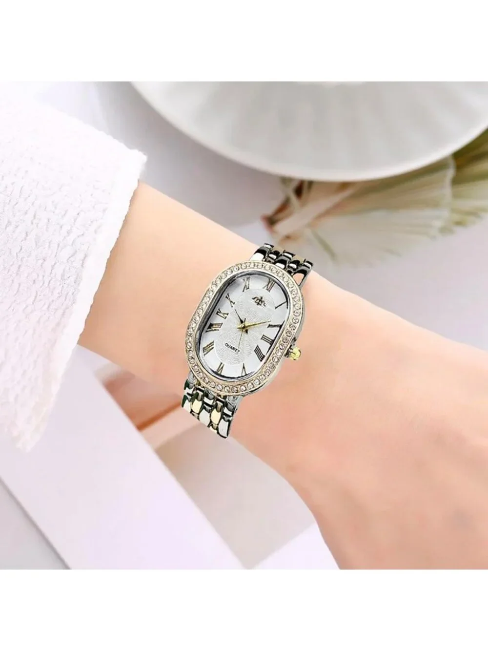 Women's Two-Tone Vintage Rome Oval Case Adjustable Stainless Steel Analog Watch